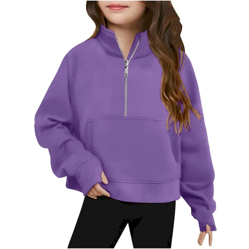 Wholesale Kids Girls' Fashion Casual Autumn Solid Color Half-Zipper Long-Sleeve Loose Sweatshirt - Image 19