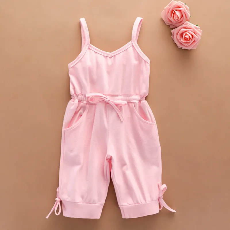 Wholesale Kids Baby Girls' Fashion Casual Solid Color Cotton Sleeveless Lace-Up Jumpsuit - Image 4
