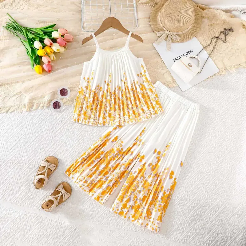 Wholesale Kids Girl'S Fashion Sweet Fresh Printed Pleated Camisole Loose Pants Two-Piece Set - Image 7