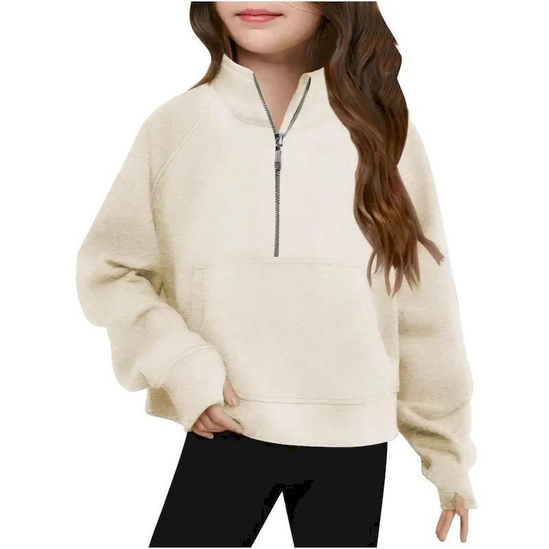 Wholesale Kids Girls' Fashion Casual Autumn Solid Color Half-Zipper Long-Sleeve Loose Sweatshirt - Image 18
