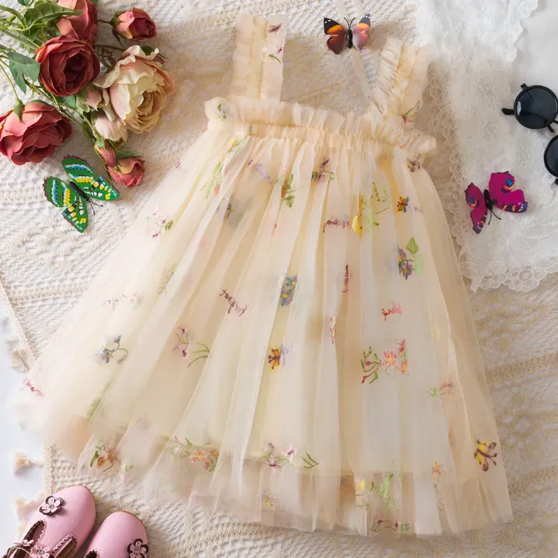 Wholesale Kids Girls Fashion Elegant Floral Embroidered Butterfly Mesh Flying Sleeve Dress - Image 14