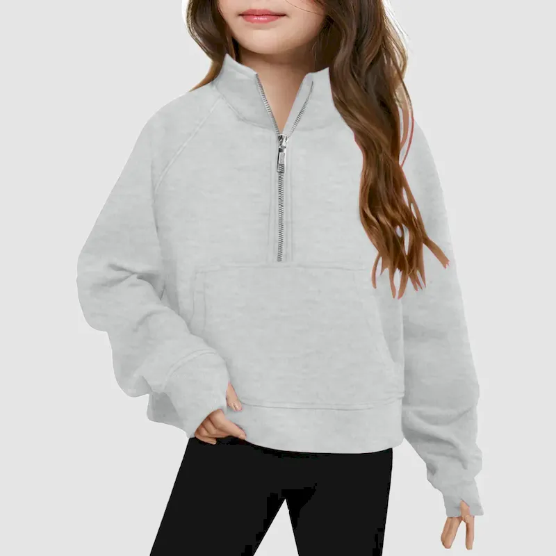 Wholesale Kids Girls' Fashion Casual Autumn Solid Color Half-Zipper Long-Sleeve Loose Sweatshirt - Image 7