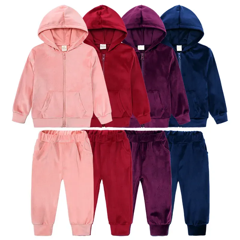 Wholesale Kids Toddler Big Boys Girls Casual Cute Solid Color Plush Long Sleeve Hoodies Trousers Set - Image 3