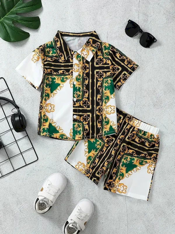 Wholesale Boys Fashion Casual Vacation Printed Short-Sleeve Blouse Loose Shorts Two-Piece Set - Image 14