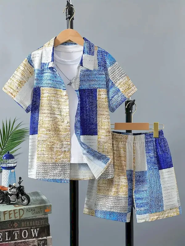 Wholesale Boys Fashion Casual Vacation Printed Short-Sleeve Blouse Loose Shorts Two-Piece Set - Image 19