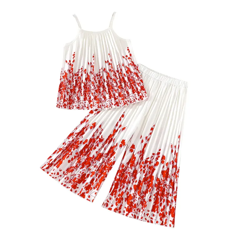 Wholesale Kids Girl'S Fashion Sweet Fresh Printed Pleated Camisole Loose Pants Two-Piece Set - Image 4