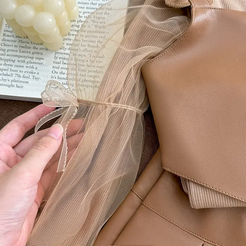 Wholesale Kids Girl'S Fashion Retro Leather Stitching Mesh Long-Sleeve Top Pleated Skirts Two-Piece Set - Image 4