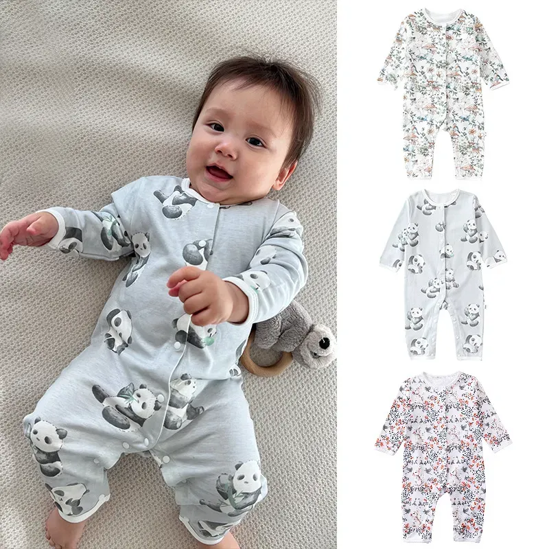 Wholesale Kids Baby Boys Girls Casual Cute Tiny Flower Animals Print Long Sleeve Romper