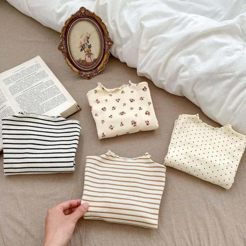 Wholesale Kids Baby Girls Tiny Flower Stripe Polka Dot Long Sleeve Top - Image 3