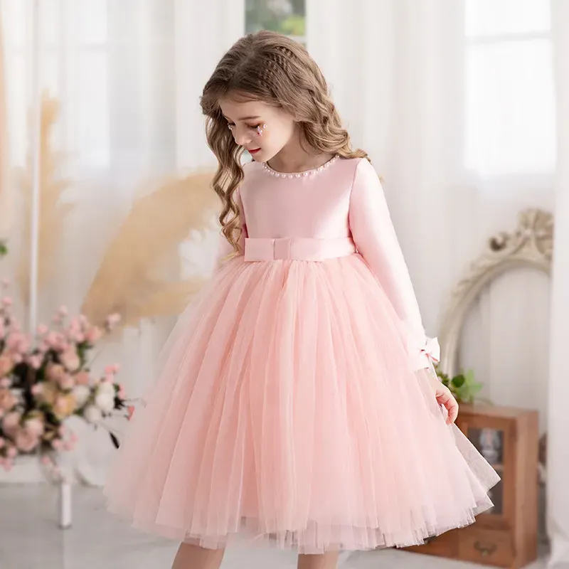 Wholesale Kids Toddler Big Girls Casual Party Solid Color Mesh Long Sleeve Pearl Round Neck Tutu Princess Dress - Image 4
