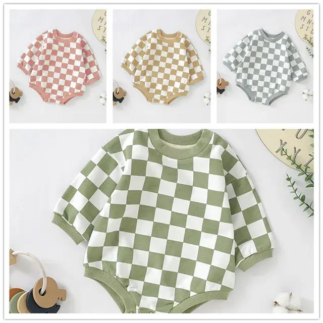 Wholesale Kids Baby Boys Girls Casual Cute Plaid Print Long Sleeve Romper - Image 8