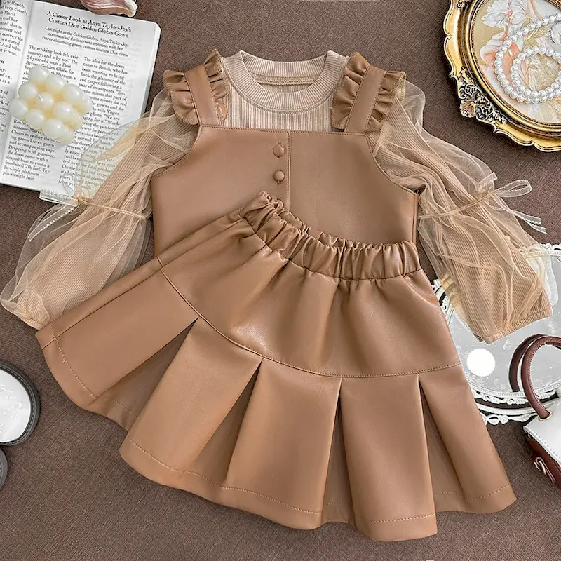 Wholesale Kids Girl'S Fashion Retro Leather Stitching Mesh Long-Sleeve Top Pleated Skirts Two-Piece Set - Image 3