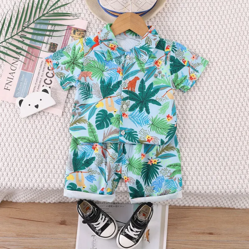 Wholesale Kids Baby Boys Casual Holiday Tiny Flower Print Short Sleeve Lapel Shirt Shorts Sets - Image 6