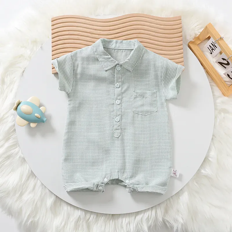 Wholesale Kids Baby Boys Casual Cute Playid Print Short Sleeve Lapel Romper