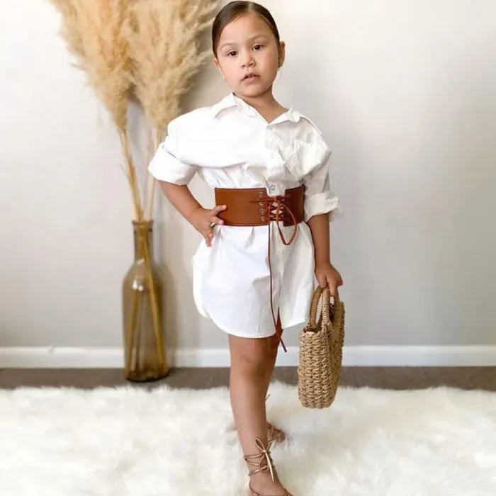 Wholesale Children Kids Toddler Girls Solid Color Lapel White Dresss And Belt 2pcs Set