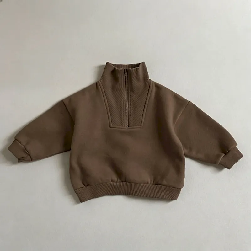 Wholesale Kids Boys And Girls Fashion Casual Solid Color Half-Zip Fleece-Lined Sweatshirt - Image 3