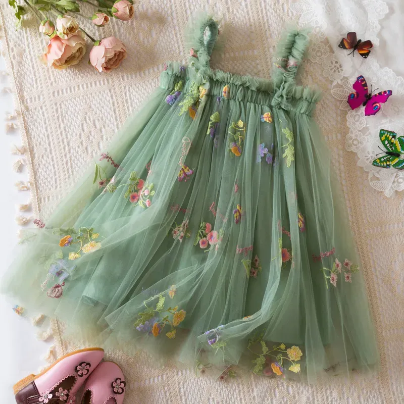 Wholesale Kids Girls Fashion Elegant Floral Embroidered Butterfly Mesh Flying Sleeve Dress - Image 11