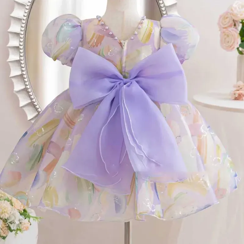 Wholesale Kids Girls' Fashion Cute Mesh Puff Sleeve Bowknot Dress - Image 3