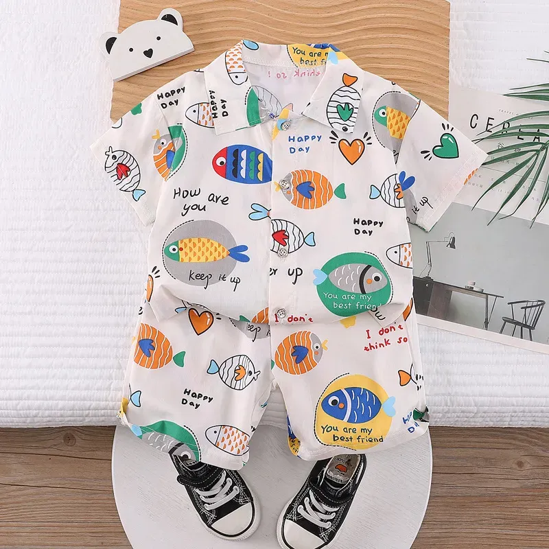 Wholesale Kids Baby Boys Casual Cute Cartoon Print Short Sleeve Lapel Shirt Shorts Sets - Image 4