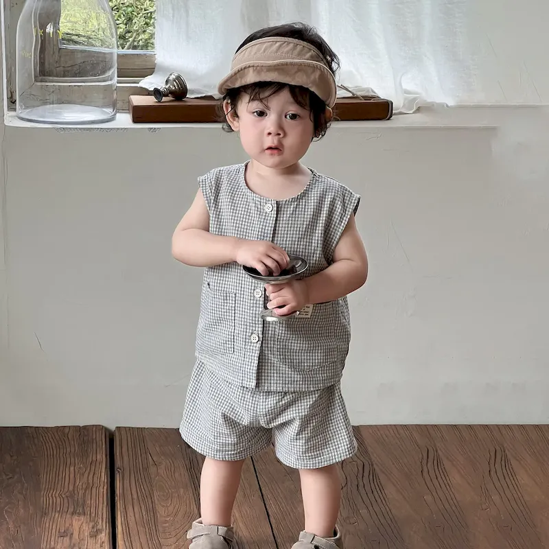 Wholesale Baby Fashion Casual Plaid Sleeveless Tank Top Loose Shorts Two-Piece Set