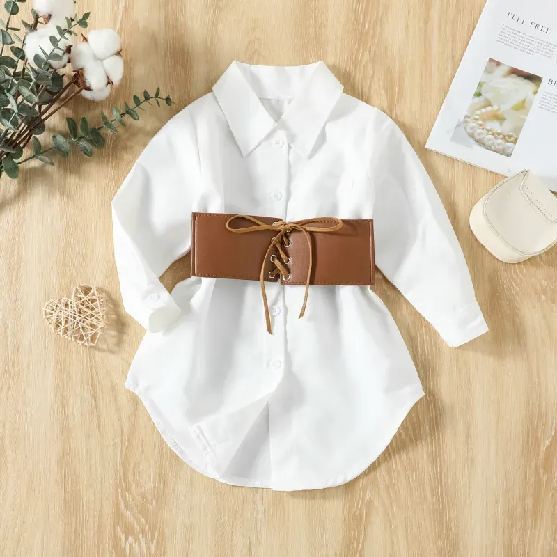Wholesale Children Kids Toddler Girls Solid Color Lapel White Dresss And Belt 2pcs Set - Image 3