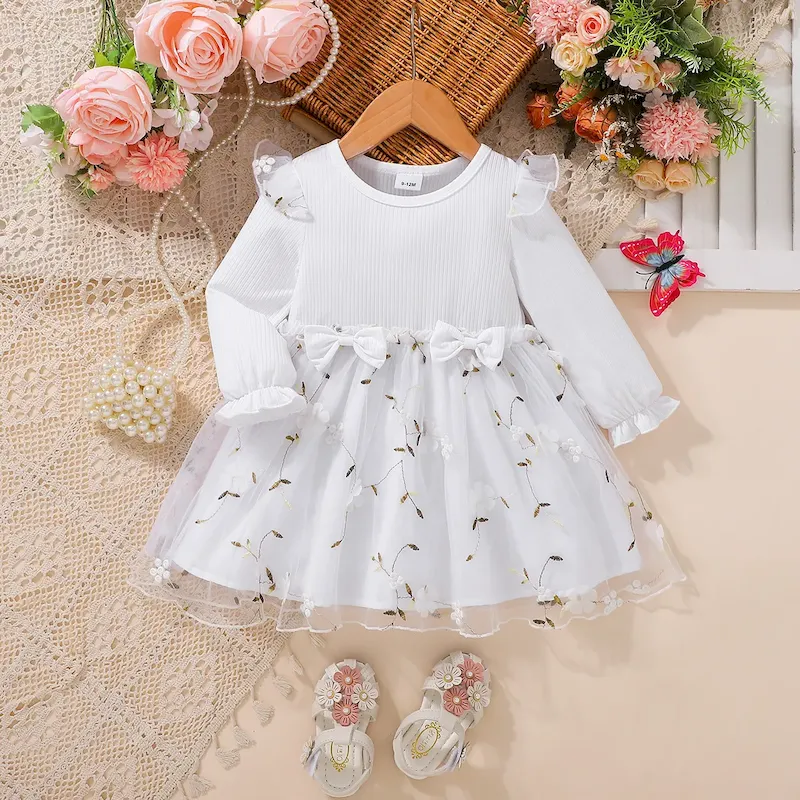 Wholesale Kids Baby Girls Fashion Cute Mesh Embroidered Bowknot Long Sleeve Dress - Image 7