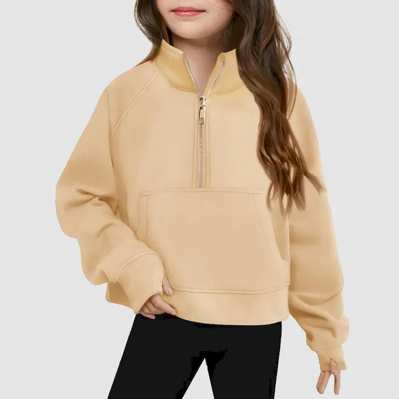 Wholesale Kids Girls' Fashion Casual Autumn Solid Color Half-Zipper Long-Sleeve Loose Sweatshirt - Image 4