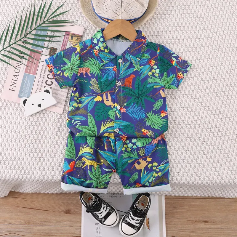 Wholesale Kids Baby Boys Casual Holiday Tiny Flower Print Short Sleeve Lapel Shirt Shorts Sets - Image 4