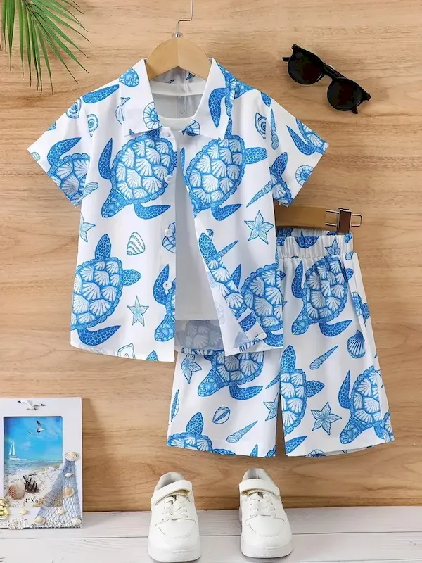 Wholesale Boys Fashion Casual Vacation Printed Short-Sleeve Blouse Loose Shorts Two-Piece Set - Image 38