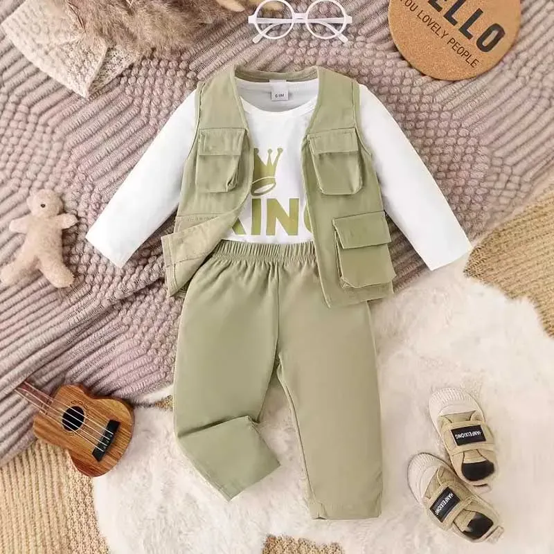 Wholesale Kids Baby Boys Casual Cute Alphabet Print Long Sleeve T-Shirt Vest Trousers Three-Piece Sets