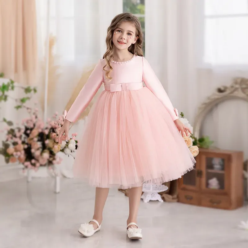 Wholesale Kids Toddler Big Girls Casual Party Solid Color Mesh Long Sleeve Pearl Round Neck Tutu Princess Dress - Image 5
