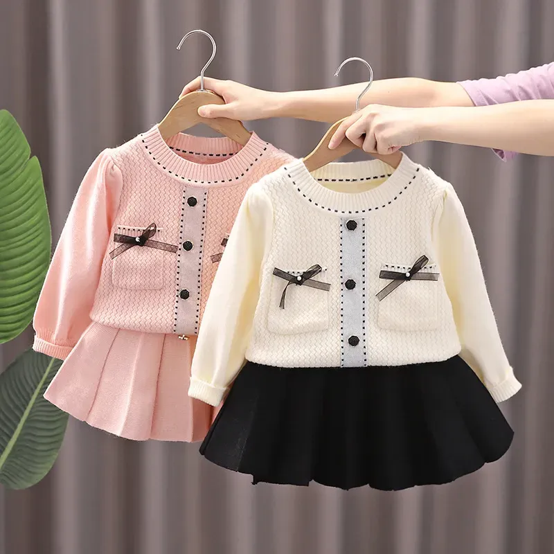 Wholesale Kids Toddler Girls Autumn Winter Fashion Casual Simple Solid Color Bow Round Neck Sweater Pleated Skirt Set