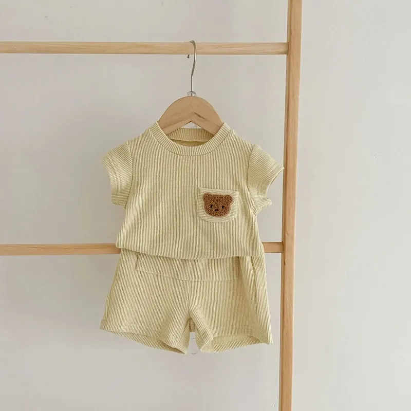 Wholesale Kids Baby Boys Girls Casual Cute Cartoon Bear Stripe Short Sleeve Top Shorts Sets - Image 8