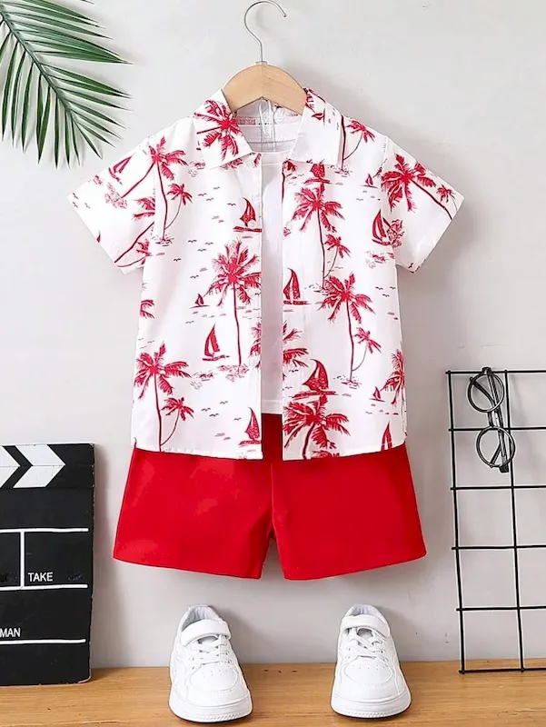Wholesale Boys' Fashion Heart Print Short Sleeve Shirt And Shorts Two-Piece Set - Image 25