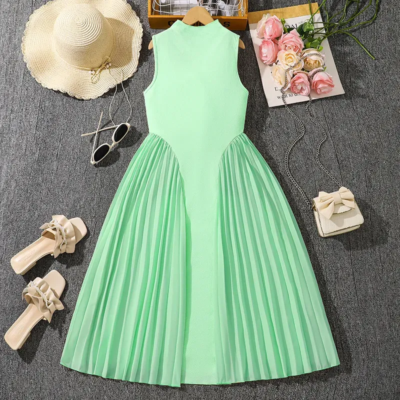 Wholesale Kids Girl'S Fashion Elegant Solid Color Pleated Stitching Sleeveless Dress - Image 7
