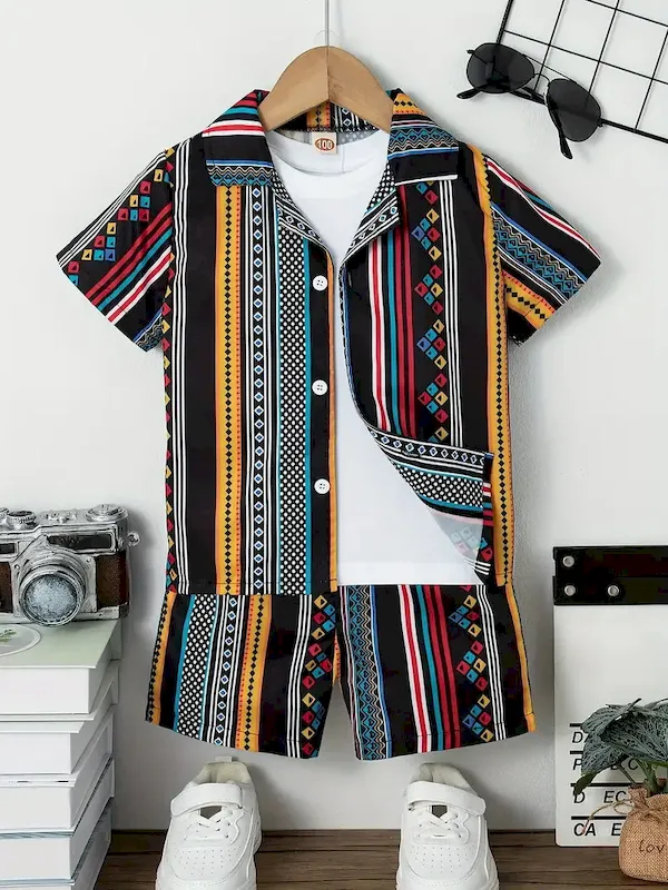 Wholesale Boys Fashion Casual Vacation Printed Short-Sleeve Blouse Loose Shorts Two-Piece Set - Image 27